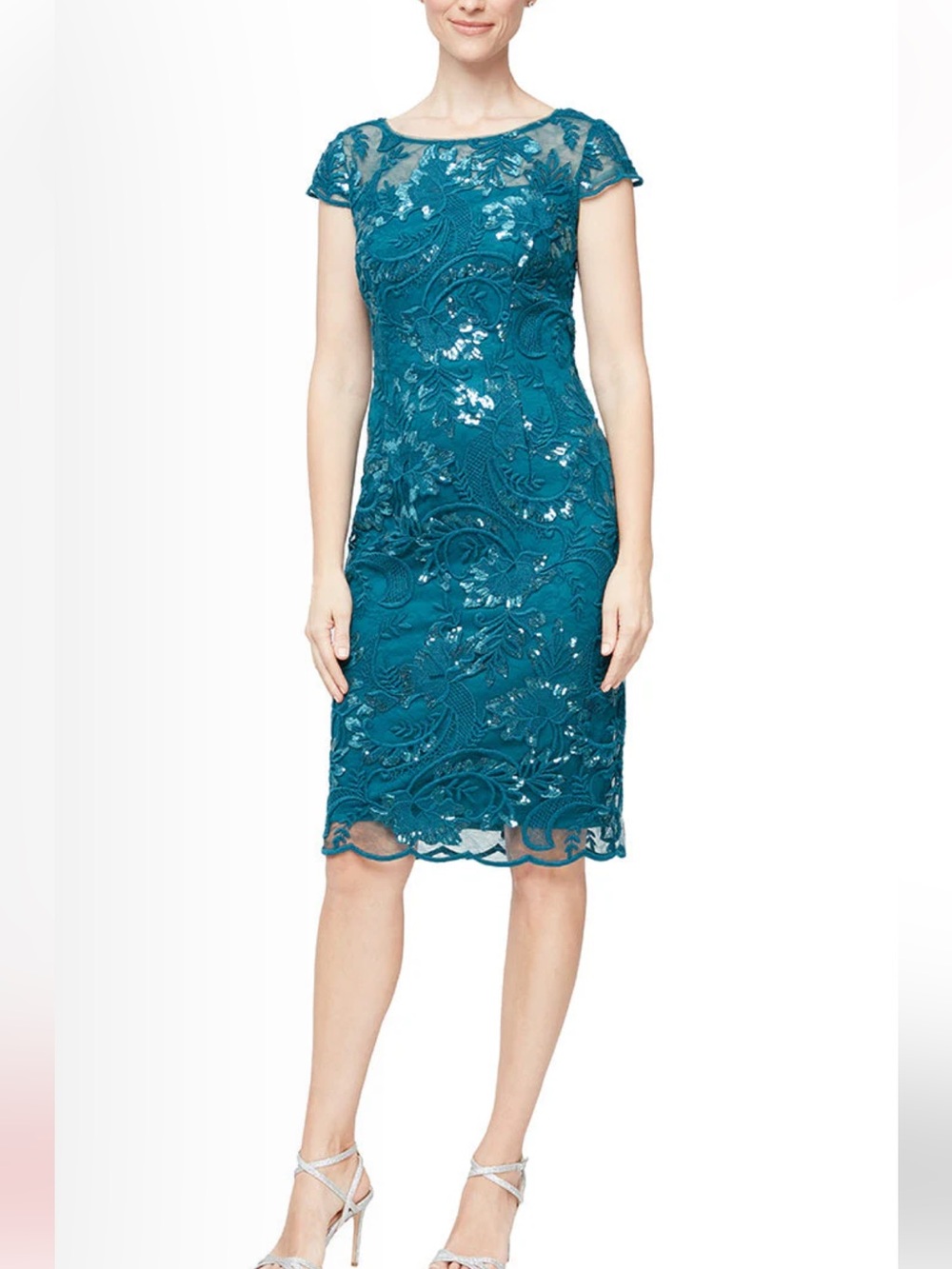 Alex Evenings Teal Peacock Lace Midi Dress Womens 10 Sheath 81171382 Party NEW‎